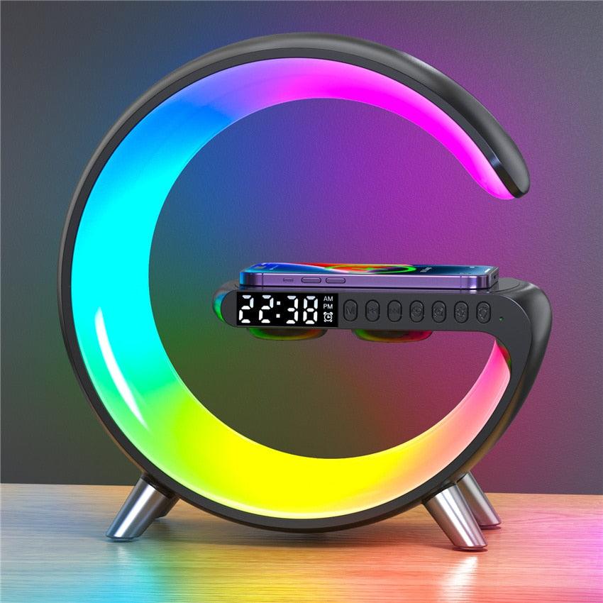 Luminária RGB com Bluetooth e Carregador Sem Fio 15W — Som, Luz e Energia em 1