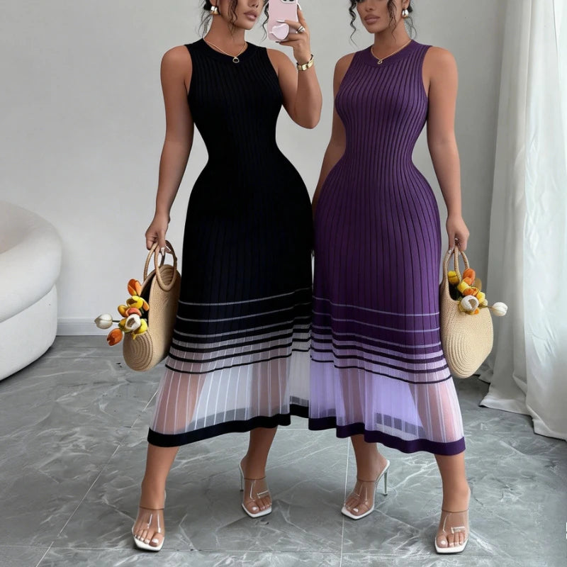 Vestido Femy Feminino Roxo Ombreol Sem Mangas com Gola Redonda em Malha Elástica e Barra Transparente, Casual para Verão, Praia, Férias e Festas