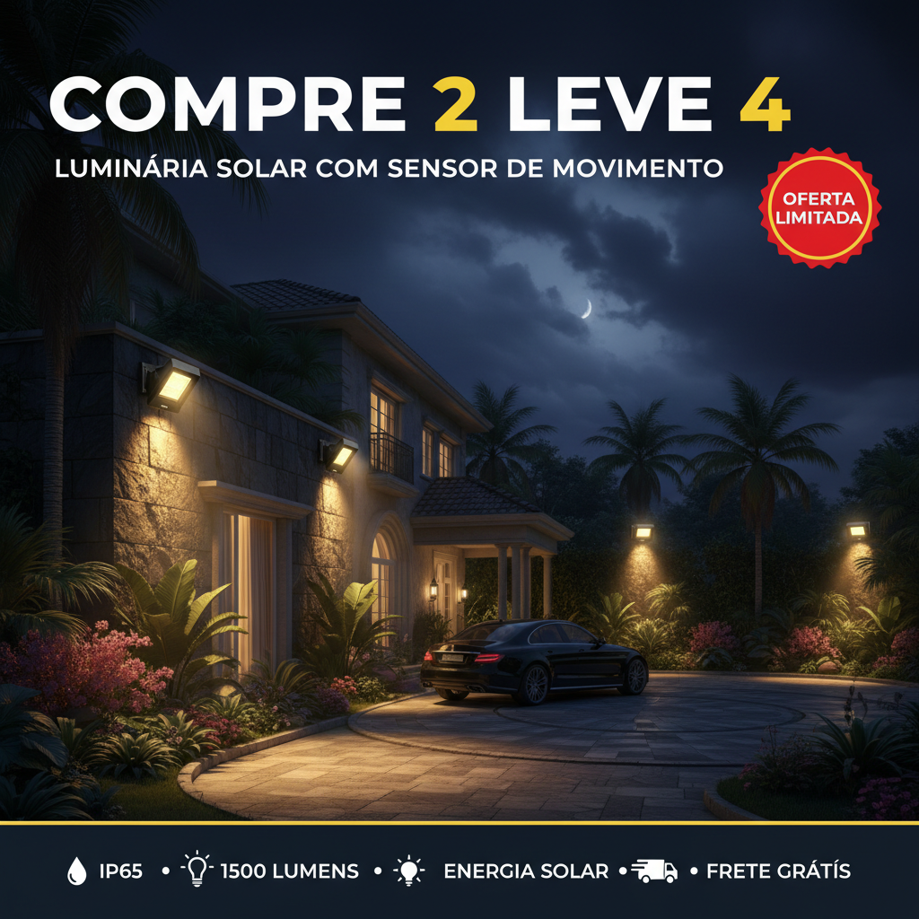 Compre 2 leve 4 luminária solar instalada em área externa à noite