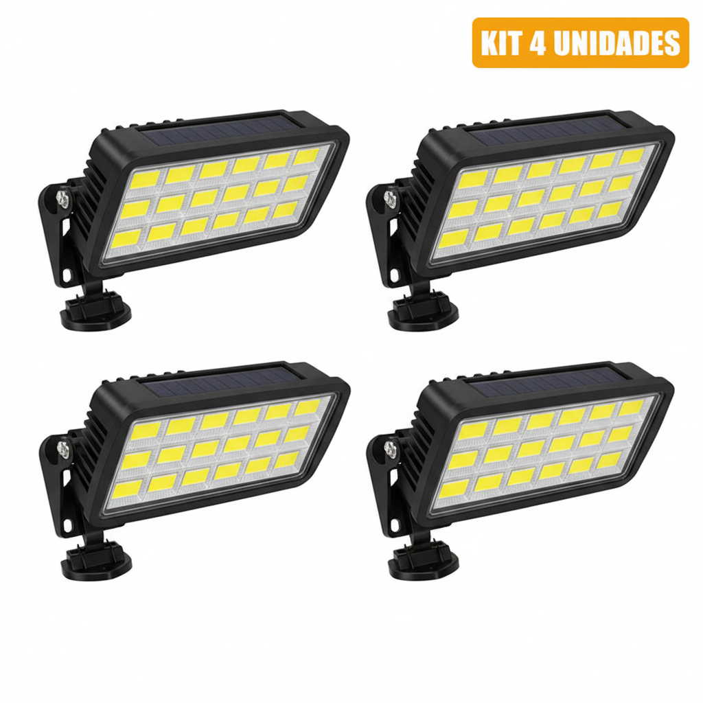 Kit 4 unidades luminária solar COB 108 com sensor de movimento IP65