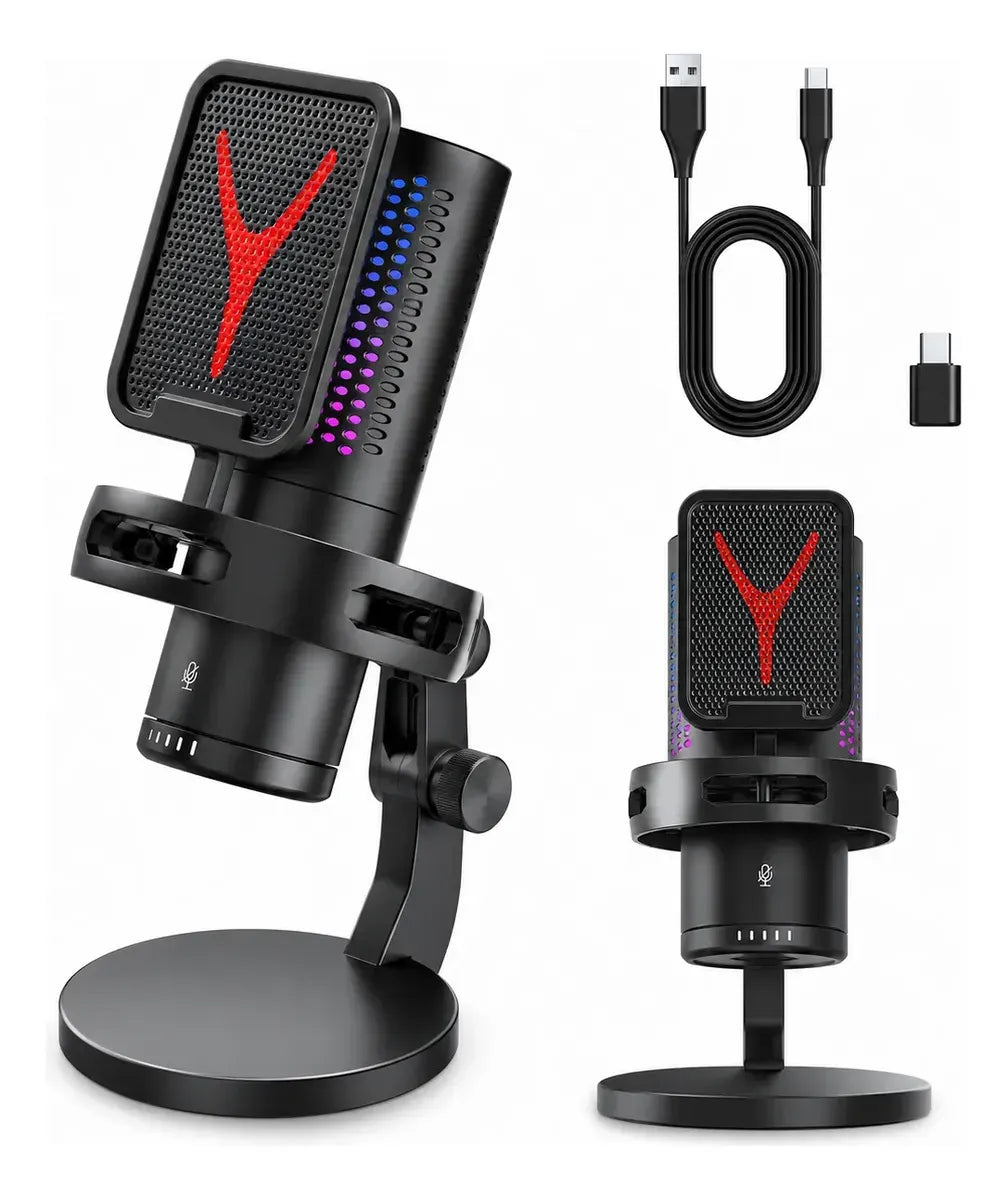 Microfone Condensador RGB USB Gamer — Redução de Ruído para Stream e Podcast