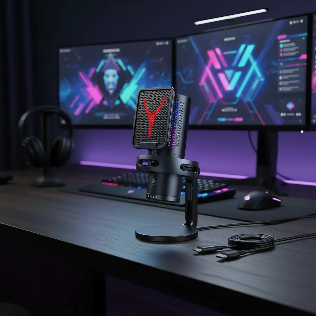 Microfone Condensador RGB USB Gamer — Redução de Ruído para Stream e Podcast
