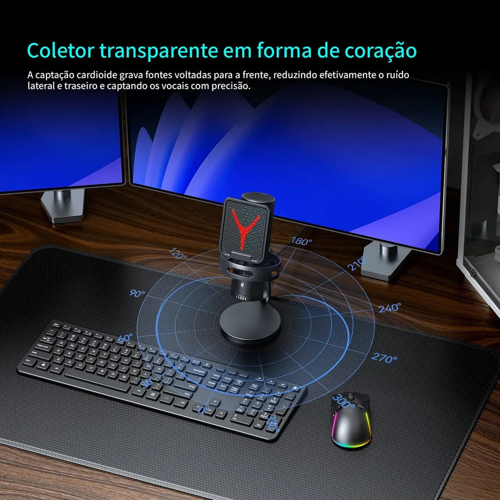 Microfone Condensador RGB USB Gamer — Redução de Ruído para Stream e Podcast
