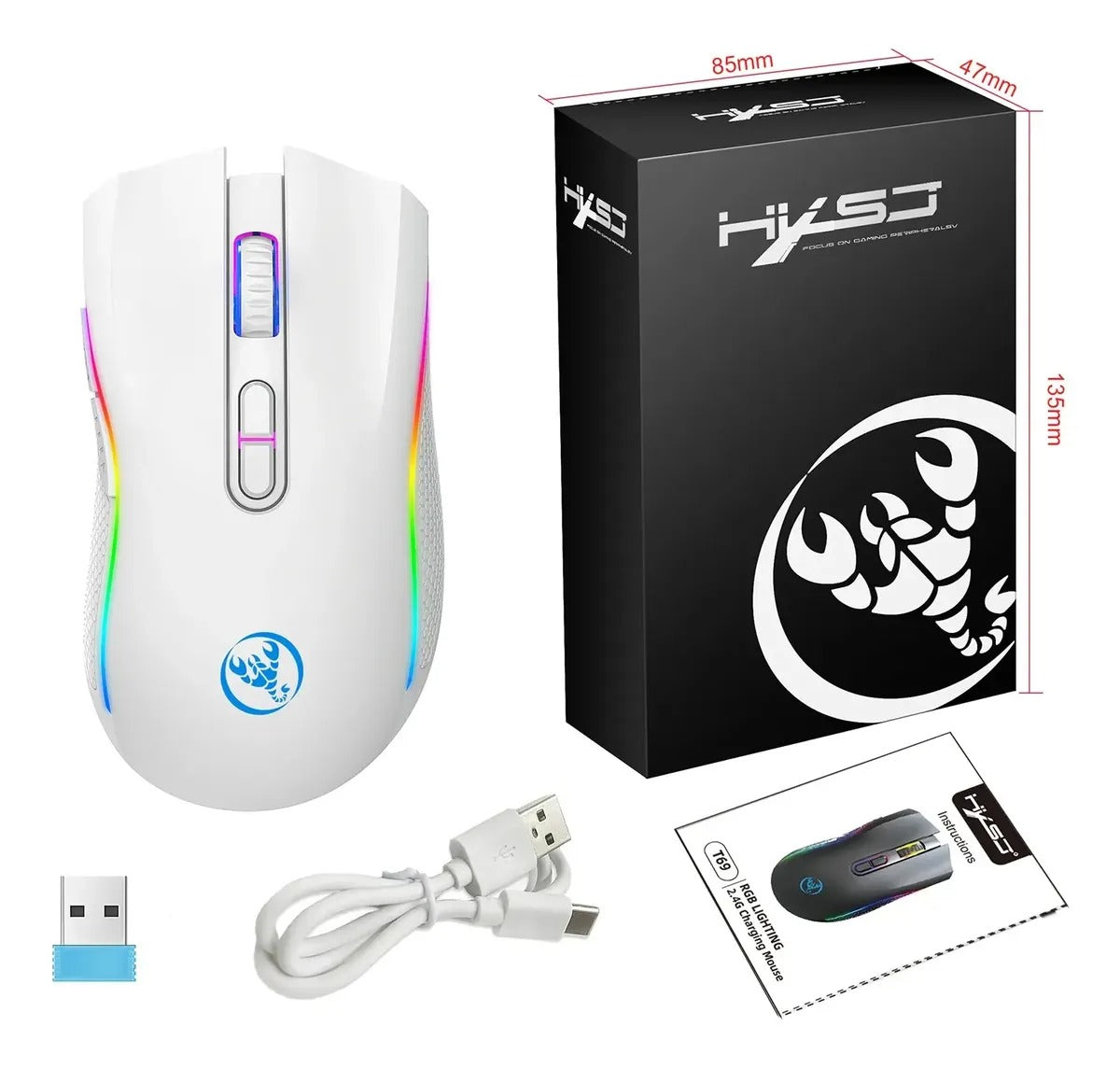Mouse Gamer Sem Fio HXSJ T69 – RGB, Ergonomia e Alta Precisão