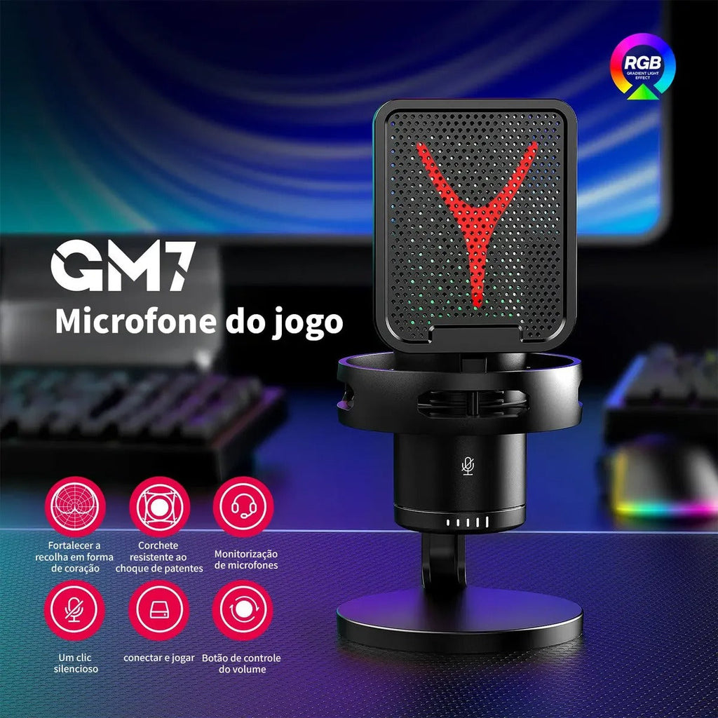 Microfone Condensador RGB USB Gamer — Redução de Ruído para Stream e Podcast