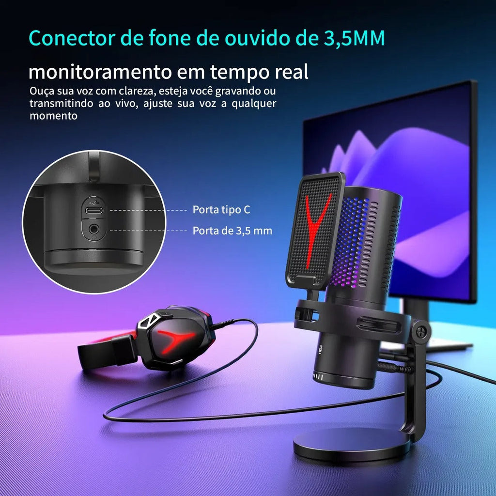 Microfone Condensador RGB USB Gamer — Redução de Ruído para Stream e Podcast