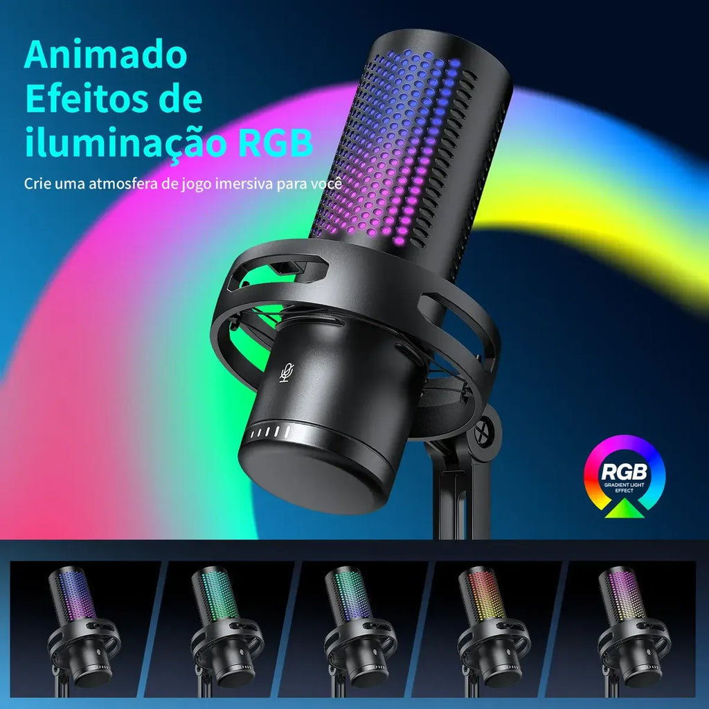 Microfone Condensador RGB USB Gamer — Redução de Ruído para Stream e Podcast