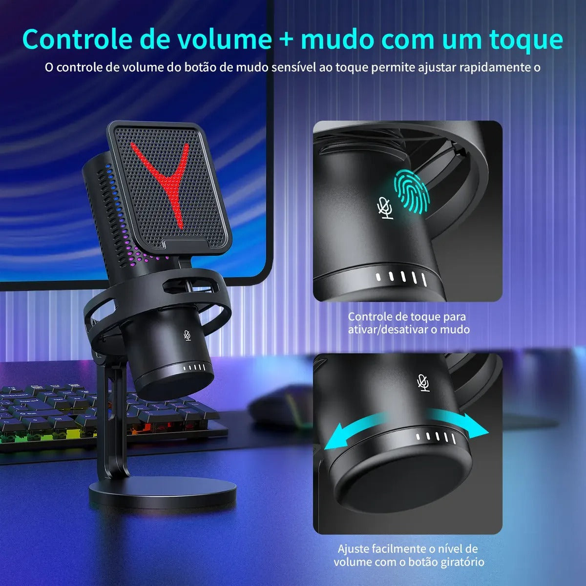 Microfone Condensador RGB USB Gamer — Redução de Ruído para Stream e Podcast
