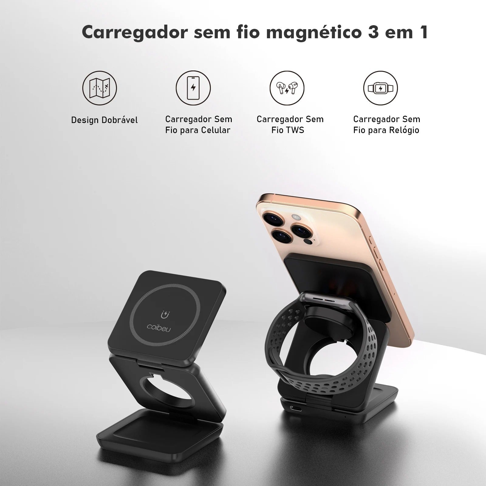 Carregador Magnético 3 em 1 – Praticidade e Carregamento Rápido