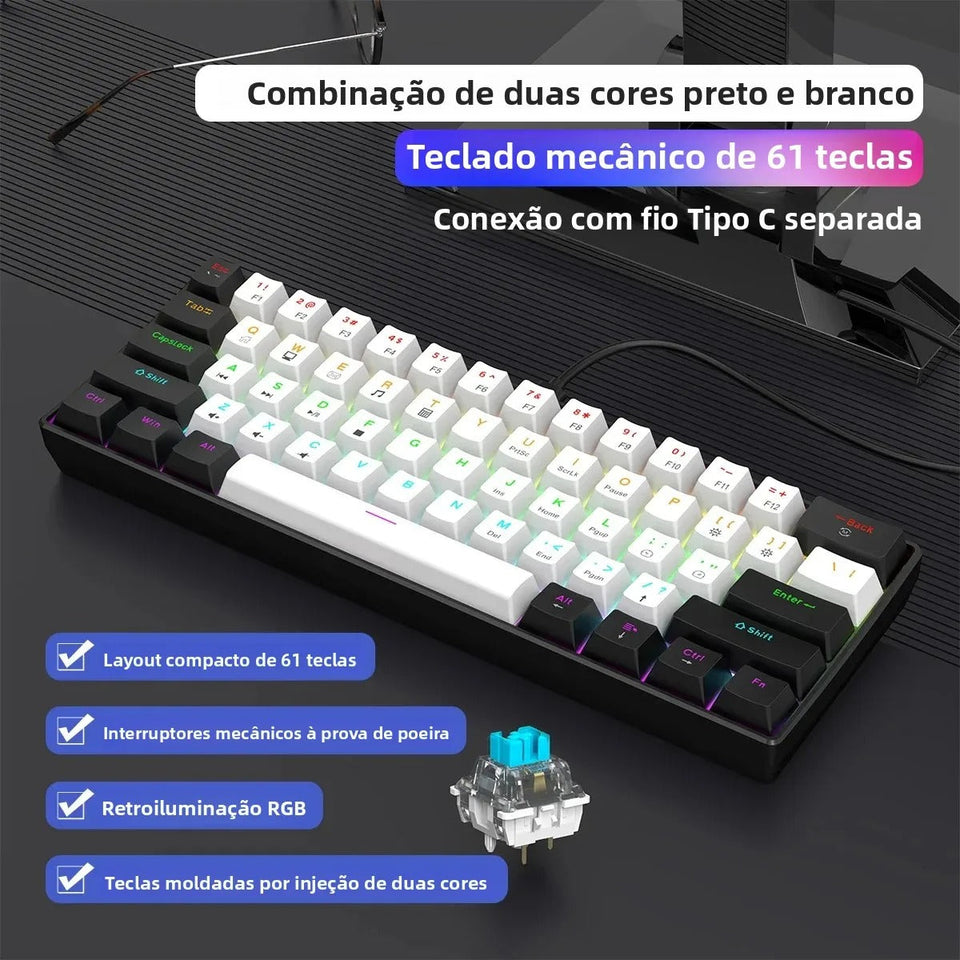 Teclado Mecânico 60% RGB — Performance Compacta Pra Quem Joga e Digita Sério