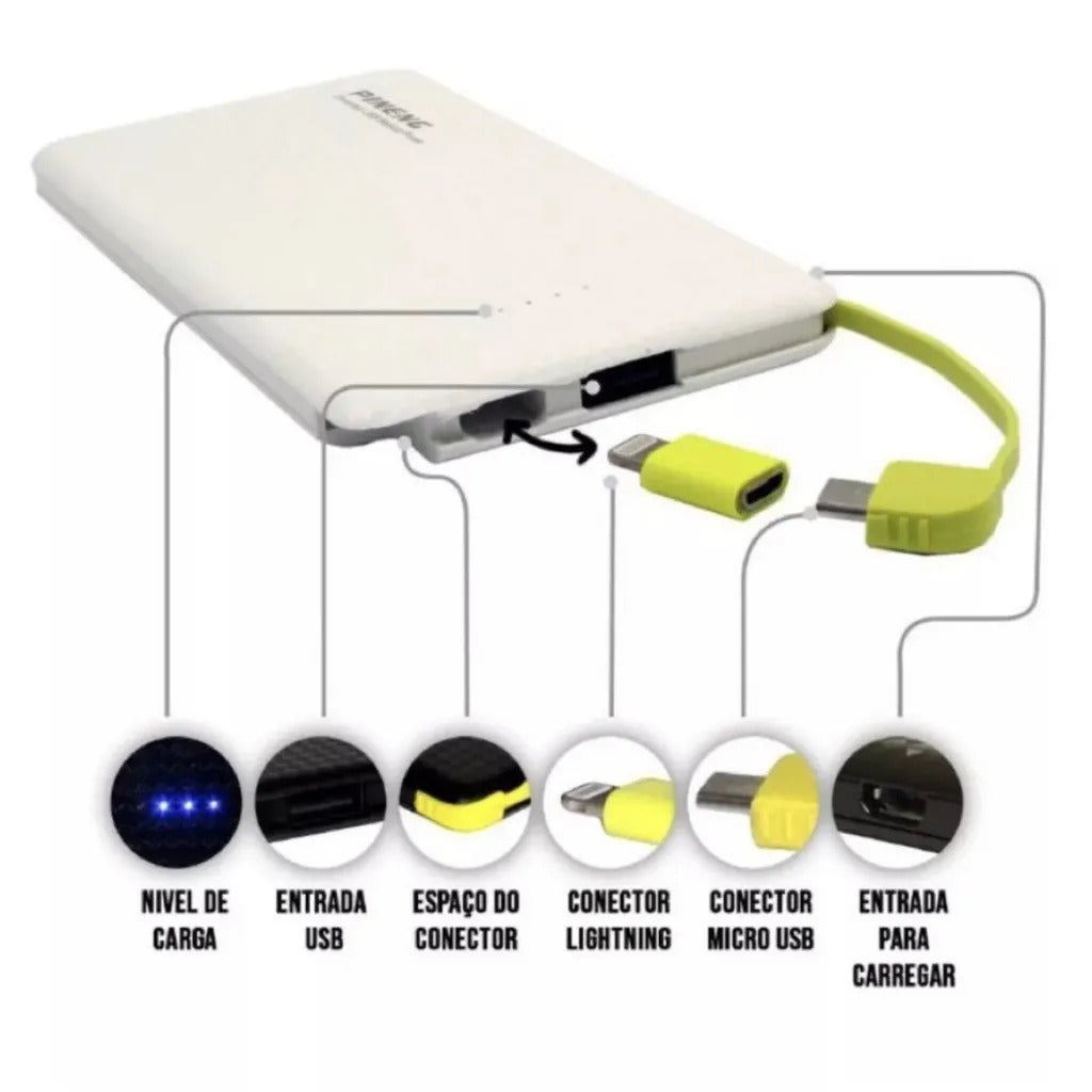 Power Bank 10000mAh Compacto — Carregamento Rápido com Cabo Integrado