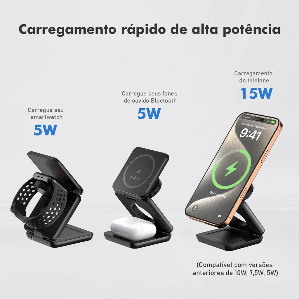 Carregador Magnético 3 em 1 – Praticidade e Carregamento Rápido