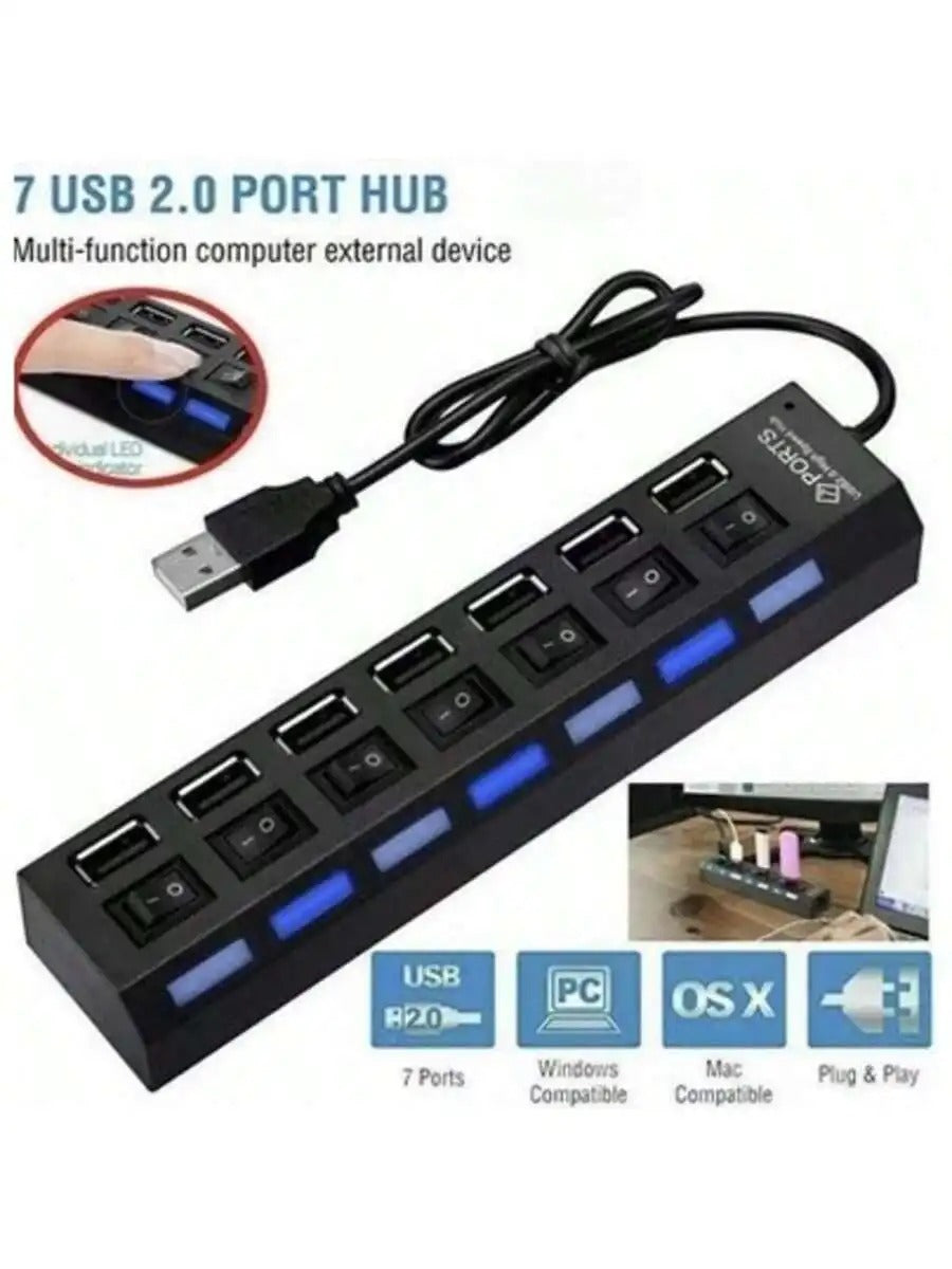 Hub USB 2.0 com 7 Portas — Expansor com Interruptor Individual