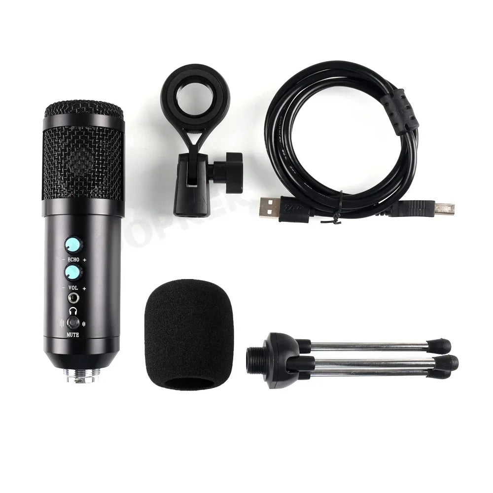 Kit Microfone Condensador USB com Tripé — Gravação Profissional